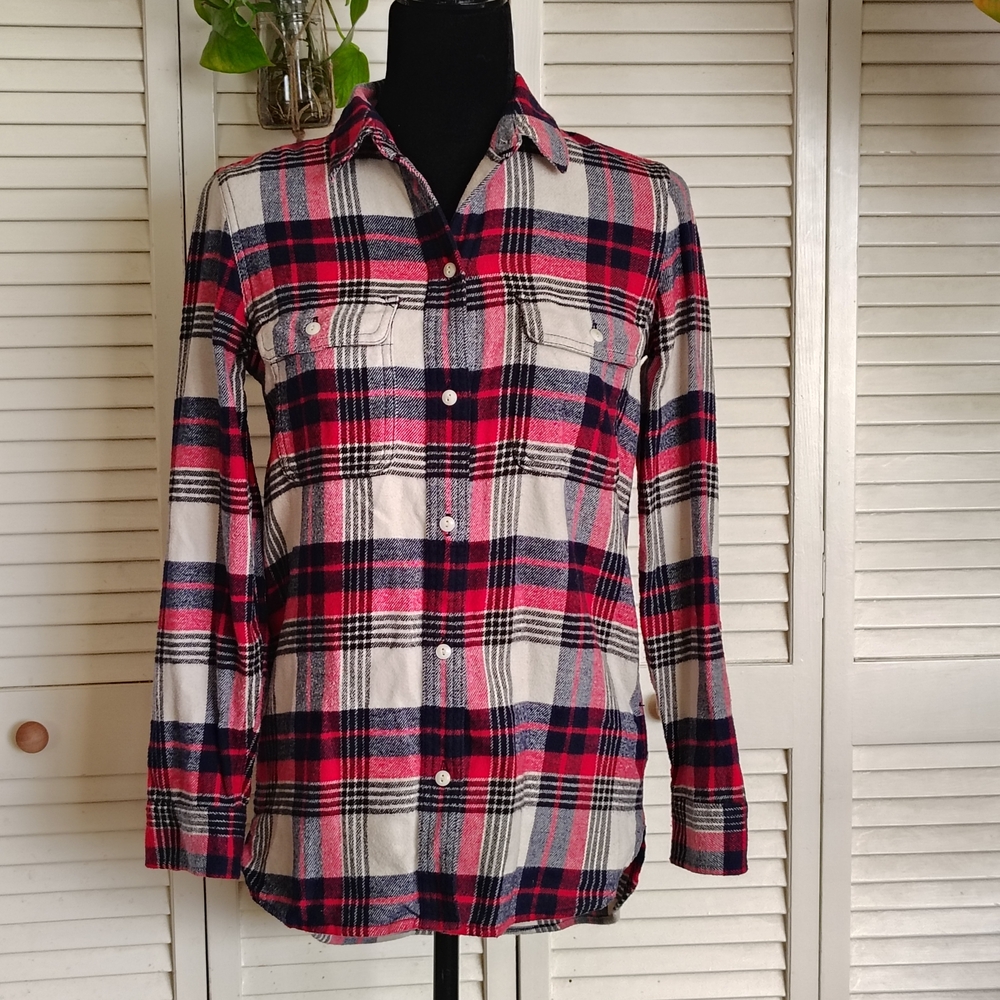 Madewell Red Navy Cream Plaid Flannel Shirt Size XXS – Like New